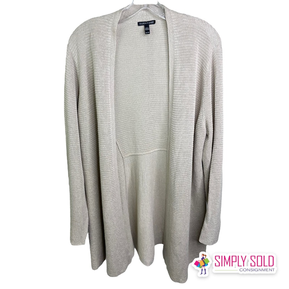 Eileen Fisher Women's Cardigan Sweater Long Sleeve Open Front‎ Beige Cotton XL